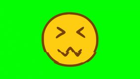 Dissatisfied emoticon glitch effect on green background. Emoji motion graphics.