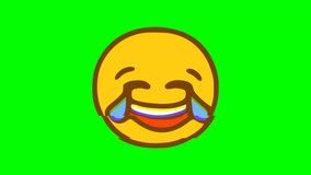 Laughing to tears emoticon glitch effect on green background. Emoji motion graphics.