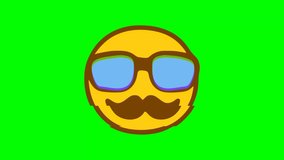 Mustachioed smiley with glasses glitch effect on green background. Emoji motion graphics.