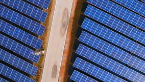 Solar panels. Innovation of renewable clean energy for the environment. Renewable electric energy industry. aerial view from drone. 4k
