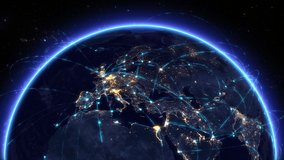 3D Earth Digital Connected Network Big Data Cloud. World Connections with Light Lines over Europe. Spinning Futuristic Earth Digital Grid. Digitalization Concept Global Technology. IOT. - Powered by Shutterstock - Get 15% off with code: PIKWIZARD15