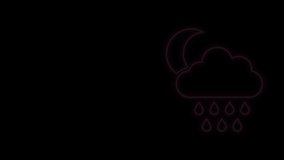 Glowing neon line Cloud with rain and moon icon isolated on black background. Rain cloud precipitation with rain drops. 4K Video motion graphic animation.