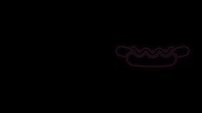Glowing neon line Hotdog sandwich with mustard icon isolated on black background. Sausage icon. Street fast food menu. 4K Video motion graphic animation.