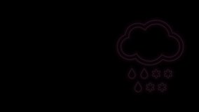 Glowing neon line Cloud with snow and rain icon isolated on black background. Weather icon. 4K Video motion graphic animation.