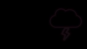 Glowing neon line Storm icon isolated on black background. Cloud and lightning sign. Weather icon of storm. 4K Video motion graphic animation.