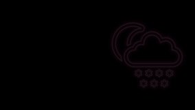 Glowing neon line Cloud with snow and moon icon isolated on black background. Cloud with snowflakes. Single weather icon. Snowing sign. 4K Video motion graphic animation.