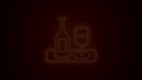 Glowing neon line Wine bottle with glass icon isolated on black background. 4K Video motion graphic animation.