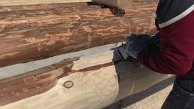 The process of processing logs from the bark with a grinding hand tool. Slow motion video