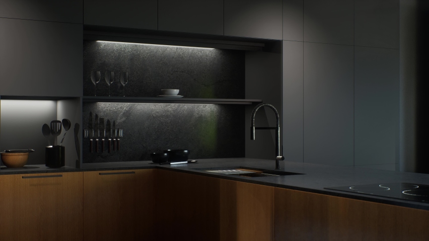 Stylish minimalistic kitchen interior with kitchen appliances, an apron and illuminated shelves. 3d Animation of the interior of the kitchen-studio in dark colors. 3D Illustration Royalty-Free Stock Footage #1095832067