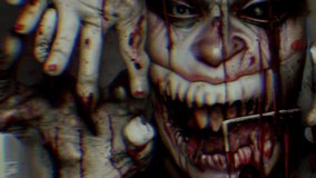Scary glitch animation of an evil clown face. Horror style video clip that can be used in loop.