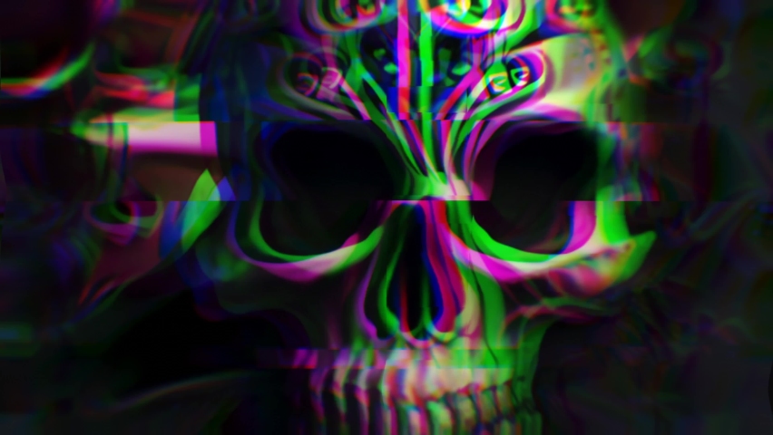 Scary glitch animation of an evil skull face. Horror style video clip that can be used in loop.