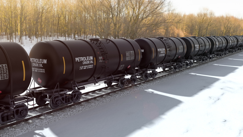 Transportation of petroleum and crude oil by freight trains via railroad. Oil tank wagons full with diesel fuel and crude oil and moving from refinery to the fuel storage. Train cisterns, 3d render.