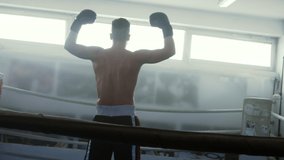 Male boxer win, champion shouting, raising up hands, showing victory gesture, slow motion. Strong fighter triumph, handheld shot - Powered by Shutterstock - Get 15% off with code: PIKWIZARD15