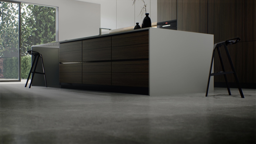 Modern minimalist kitchen. Kitchen with large island. 3d animation of the kitchen. 3D Illustration | Shutterstock HD Video #1095845497