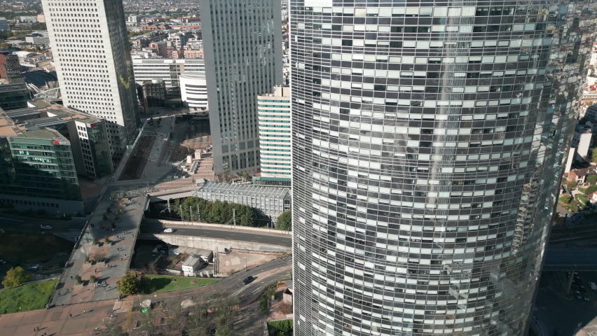 Tour Séquoia skyscraper, La Défense in Paris city. France. Aerial drone view