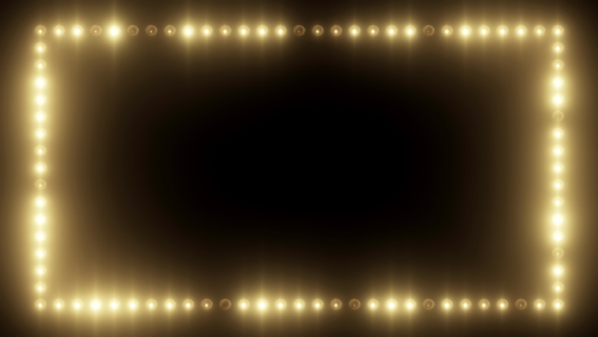 Flickering glowing frame animation of light bulbs on a black background. Bright seamless loop motion graphics of light film border. Stage light wall with blinking effect Royalty-Free Stock Footage #1095851547