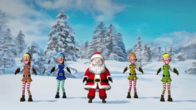 Funny Santa Claus and Elfs are dancing in the Christmas winter forest. The concept of Christmas and New Year. Christmas dance video. Seamless Loop animation.