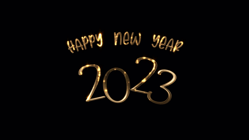 Happy New Year 2023 golden star flickering text effect on black bakcground.Isolated transparent video animation text with alpha channel using Quicktime Apply prores 444