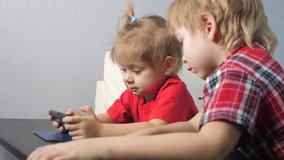 children teamwork watch online video cartoons on a smartphone. kids little boy and girl brother sister watch lifestyle online streaming broadcasting the phone
