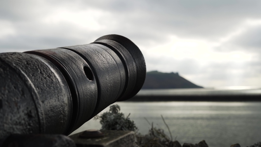 Hoe Canons On A Cloudy Day. Historical Landmark On The Coast Of Plymouth Hoe In The UK. close up