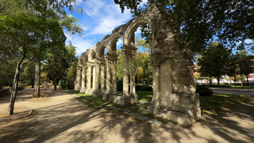 Arches of Castilfale on the island park in Burgos. Romantic garden in Burgos, Castile and Leon, Spain. High quality 4k footage