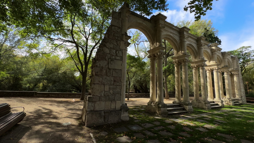Arches of Castilfale on the island park in Burgos. Romantic garden in Burgos, Castile and Leon, Spain. High quality 4k footage