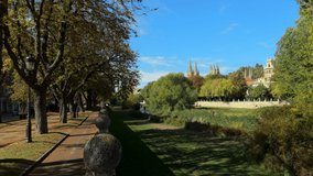Scenic view of Burgos riverside landscape with the famous Cathedral in the background surrounded by trees, Castile and Leon, Spain. High quality 4k footage