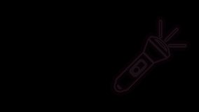 Glowing neon line Flashlight icon isolated on black background. 4K Video motion graphic animation.