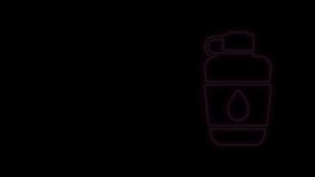 Glowing neon line Canteen water bottle icon isolated on black background. Tourist flask icon. Jar of water use in the campaign. 4K Video motion graphic animation.