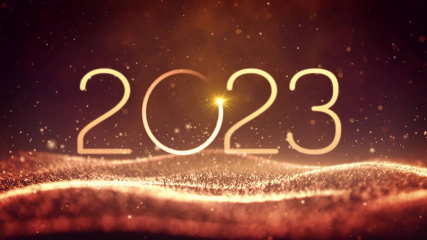 Happy new year 2023 neon animation. Shiny golden gradient numbers 2023 on glittering and sparkling wave. New Year background. | Shutterstock HD Video #1095869945