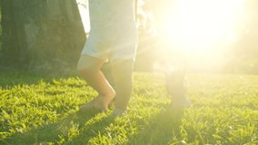 Walking children's bare feet on a green lawn close-up. Child learns to take the first steps.  Baby learns to walk with the help of his mother on a green grass in the park. Real time 4k video.