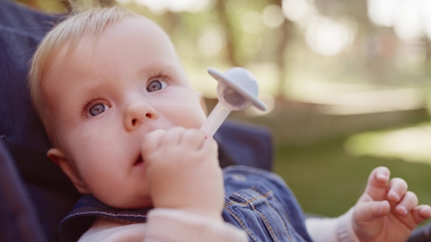 Little baby bitting a teether toy. Baby teething concept. Adorable baby chewing on a teether while sitting in a baby stroller in the park. | Shutterstock HD Video #1095873853