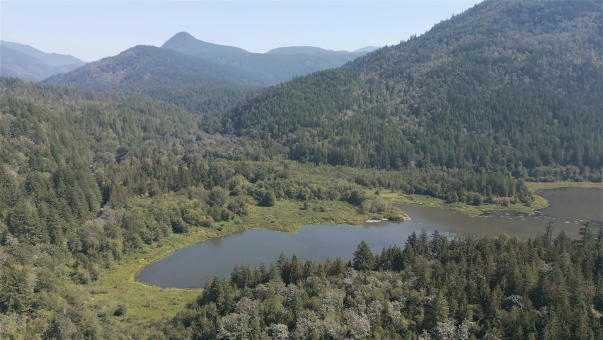 Aerial View of Lake and Green trees in forest around mountain landscape. Canadian Nature. Taken in Pacific Northwest, British Columbia, Canada.