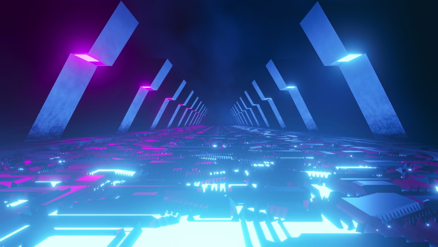3D Abstract Scene Futuristic Concept World, Fantastic Flight Over The Technological Surface. 3D Animation Background Neon Night Scene Sci-Fi Style. 4K Video Cycled Loop Render. Moving Seamless Design Royalty-Free Stock Footage #1095877015
