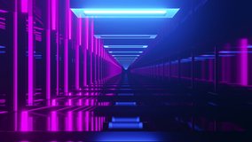 3D Abstract Scene, Futuristic Concept World, Digital Tunnel With Blue And Violet Lights, Cyber Futurism. Retro Neon Style 3D Animation Background. 4K Video, Cycled Loop Render. Moving Seamless Design