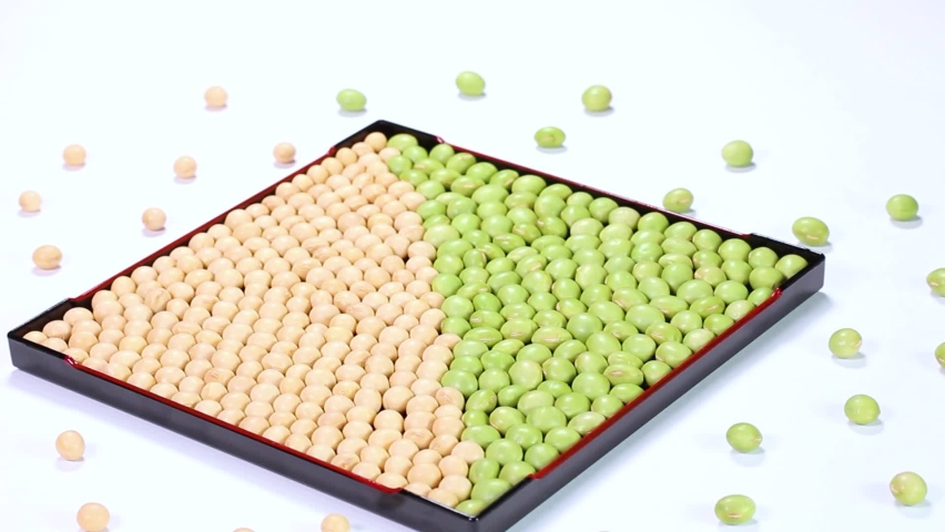 Dried soybeans and  dried green soybeans on a plate rotating