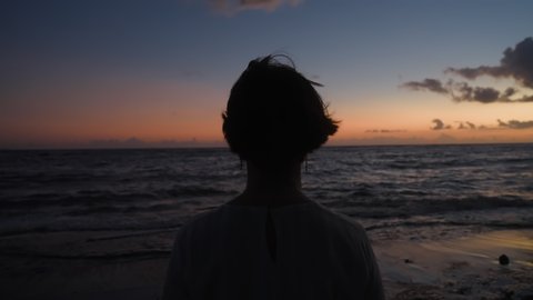 Silhouette from the back of girl dreaming at seaside in evening light. Woman relaxing meditating alone on ocean beach at colorful sunset sky background. Stress overcome. Film grain texture. soft focusの動画素材