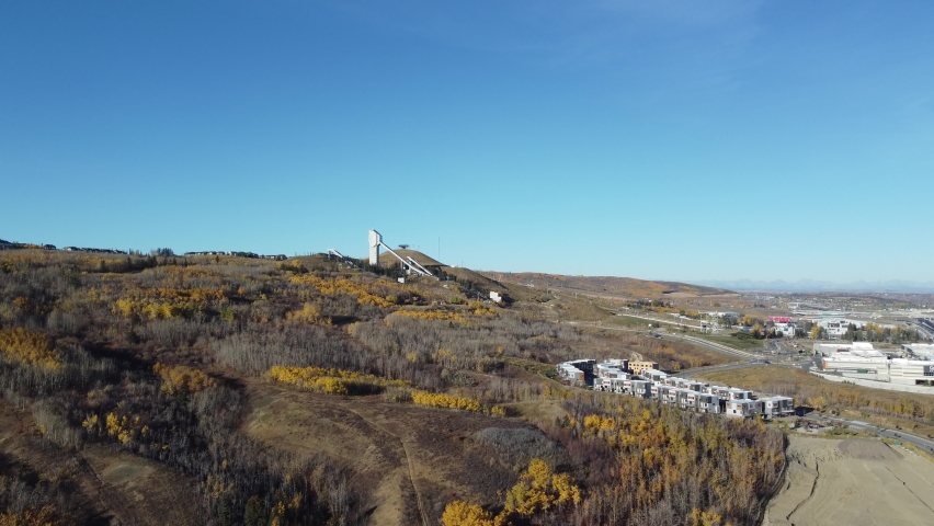 Aerial view of natural area and ski jumps in Calgary, Alberta. 