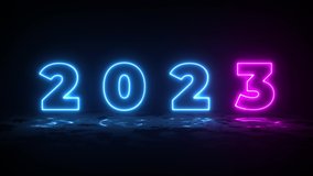 Blue illuminate digits 2022-2023 years design with wet floor and neon glow. Abstract cosmic vibrant color backdrop. Glowing neon Congratulation Happy New Year 2023. Futuristic style loop footage - Powered by Shutterstock - Get 15% off with code: PIKWIZARD15
