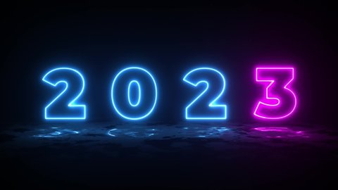 Blue illuminate digits 2022-2023 years design with wet floor and neon glow. Abstract cosmic vibrant color backdrop. Glowing neon Congratulation Happy New Year 2023. Futuristic style loop footage स्टॉक व्हिडिओ