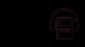 Glowing neon line Audio book icon isolated on black background. Book with headphones. Audio guide sign. Online learning concept. 4K Video motion graphic animation.