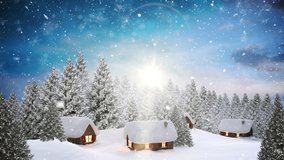 Animation of snow falling over christmas santa claus in sleigh with reindeer and winter scenery. christmas tradition and celebration concept digitally generated video.