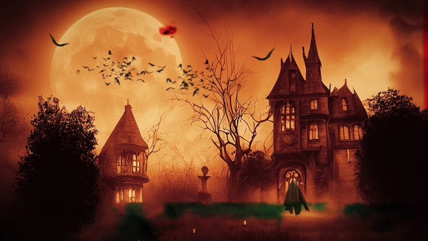 Dark Halloween haunted house and flying bats over the moon on old film roll effects abstract animation 4K. Royalty-Free Stock Footage #1095913341