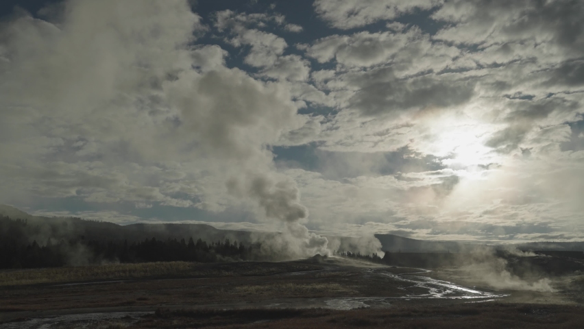 Old Faithful Erupting During Sunrise Morning on Upper Geyser Basin of Supervolcano Yellowstone National Park Wyoming Slow Motion