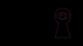 Glowing neon line Keyhole with eye icon isolated on black background. The eye looks into the keyhole. Keyhole eye hole. 4K Video motion graphic animation.