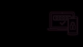 Glowing neon line Multi factor, two steps authentication icon isolated on black background. 4K Video motion graphic animation.