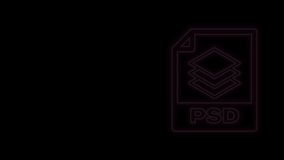 Glowing neon line PSD file document. Download psd button icon isolated on black background. PSD file symbol. 4K Video motion graphic animation.