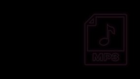 Glowing neon line MP3 file document. Download mp3 button icon isolated on black background. Mp3 music format sign. MP3 file symbol. 4K Video motion graphic animation.