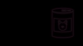 Glowing neon line Canned food for dog icon isolated on black background. Food for animals. Pet dog food can. 4K Video motion graphic animation.