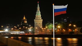 Russia Flag animation. Russian Flag 4K.Russia Flag Stock Video at Kremlin and Red Square, Moscow ,Russia